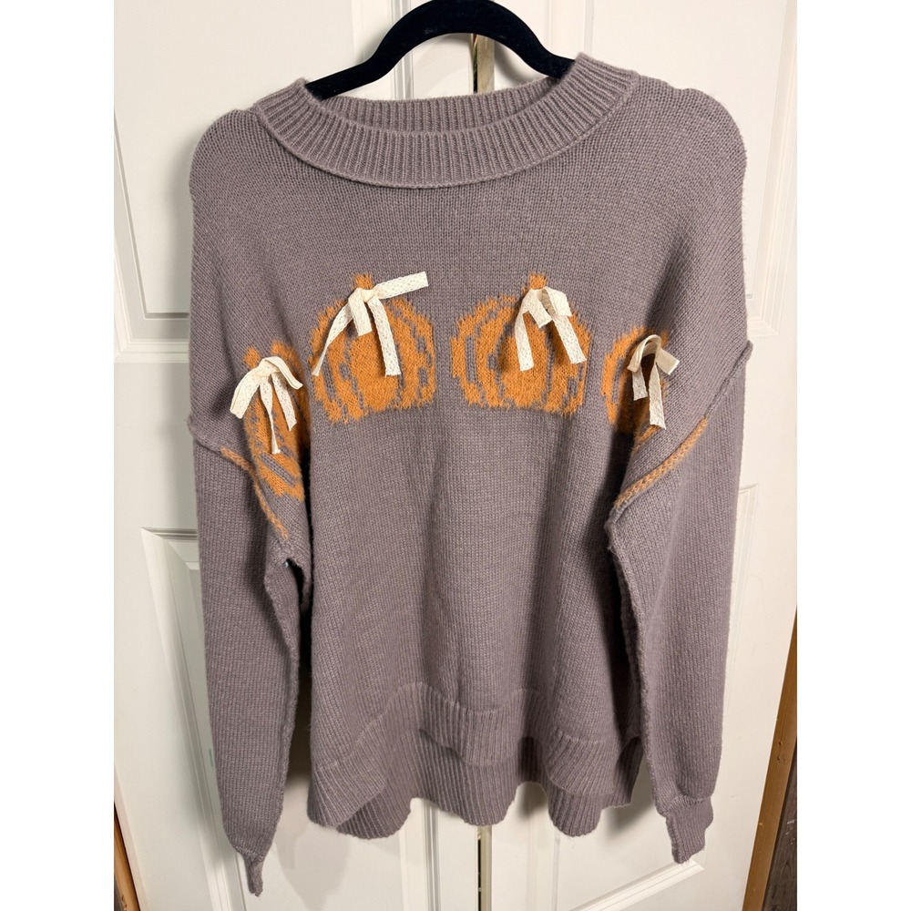 Fantastic Fawn Women Pumpkin Bow Knit Sweater Grey Purple Fall Halloween Small